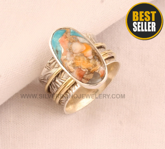 925 Sterling Silver &amp; Brass Oyster Copper Turquoise Spinner Ring - Hand Carved Oval Shape Gemstone Two Tone Spinner Ring - Women Jewelry