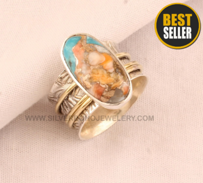 925 Sterling Silver & Brass Oyster Copper Turquoise Spinner Ring - Hand Carved Oval Shape Gemstone Two Tone Spinner Ring - Women Jewelry 925 Sterling Silver & Brass Oyster Copper Turquoise Spinner Ring - Hand Carved Oval Shape Gemstone Two Tone Spinner Ring - Women Jewelry