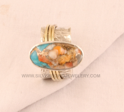 925 Sterling Silver &amp; Brass Oyster Copper Turquoise Spinner Ring - Hand Carved Oval Shape Gemstone Two Tone Spinner Ring - Women Jewelry