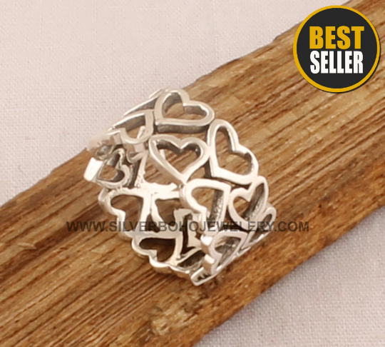 Multi Hearts Solid 925 Sterling Silver Band Ring For Women, Handmade Solid Silver Heart Band Ring For Friend, Filigree Heart Ring Gift Idea