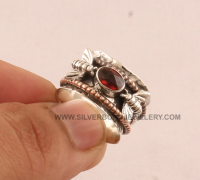 Natural Red Garnet Solid 925 Sterling Silver Double Bee Spinner Ring For Women, Designer Handmade Honey Bee Garnet Solid Silver Anxiety Ring