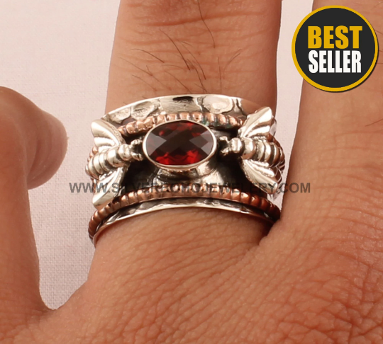 Natural Red Garnet Solid 925 Sterling Silver Double Bee Spinner Ring For Women, Designer Handmade Honey Bee Garnet Solid Silver Anxiety Ring