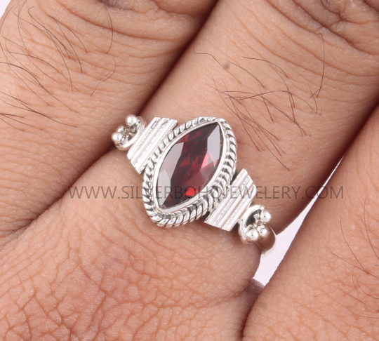 Natural Red Garnet Marquise Gemstone Silver Ring - 925 Sterling Solid Silver Ring - Designer Handmade Wedding Silver Jewelry - Gift For Her