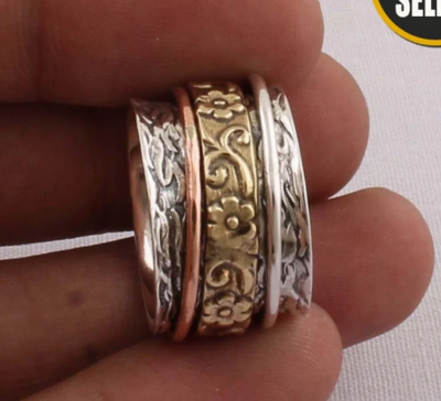 Three Tone Ring,Thumb Ring 925-Sterling Silver Ring Boho Ring,Spinner Ring,Antique Silver Ring Meditishion Ring,Gift Item Spinner Ring