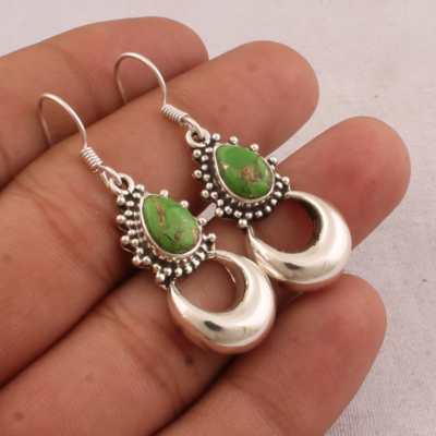 Turquoise Earring 925 Sterling Silver Earring Green Copper Turquoise Earring Pear Moon Design Earring Composite Earring Mohave Turquoise