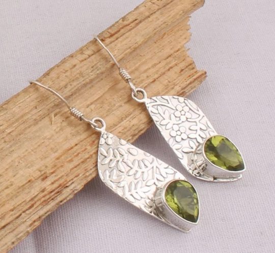 Beautiful Natural Peridot Earrings, Solid Sterling Silver Dangle Earrings, Pear Top Quality Handmade Gemstone, Bridal Earrings, Women Gift