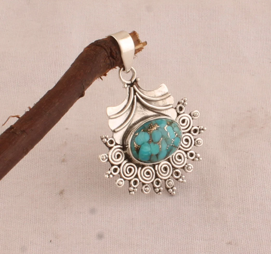 Turquoise Pendant - Sterling Solid Silver Pendant - Composite Turquoise Pendant - Wedding Gift Item - Blue Copper Turquoise Pendant For Mom