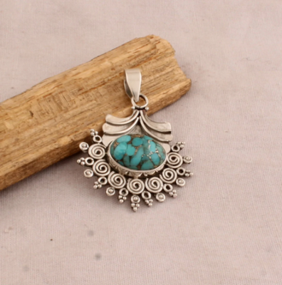 Turquoise Pendant - Sterling Solid Silver Pendant - Composite Turquoise Pendant - Wedding Gift Item - Blue Copper Turquoise Pendant For Mom