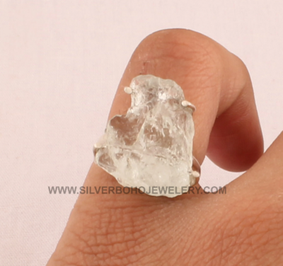 Raw Natural Aquamarine Ring - 925 Sterling Silver Ring - Rough Aquamarine Rings - Prong Set Clear Quartz Ring - Crystal Ring For Women Gift