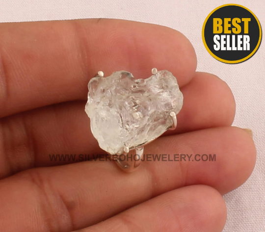 Raw Natural Aquamarine Ring - 925 Sterling Silver Ring - Rough Aquamarine Rings - Prong Set Clear Quartz Ring - Crystal Ring For Women Gift