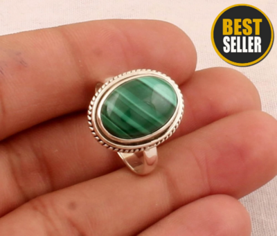 Natural Malachite Oval Shape Gemstone Silver Ring - 925 Sterling Solid Silver Ring - Designer Handmade Ring - Women Jewelry - Gift For Her