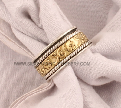 Carved Flower Band Spinner Ring - 925 Sterling Silver &amp; Brass Designer Spinner Ring - Handmade Flower Ring - Gift For Her -Jewelry For Women
