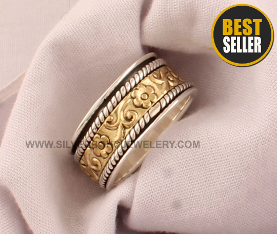 Carved Flower Band Spinner Ring - 925 Sterling Silver &amp; Brass Designer Spinner Ring - Handmade Flower Ring - Gift For Her -Jewelry For Women