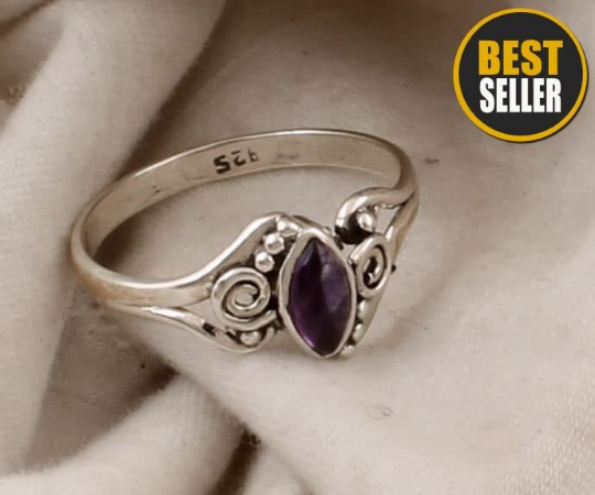 Natural Purple Amethyst Gemstone Ring, Solid 925 Sterling Silver, Marquise AAA+Quality Stone, February Birthstone, Silver Jewelry, Mom Gifts