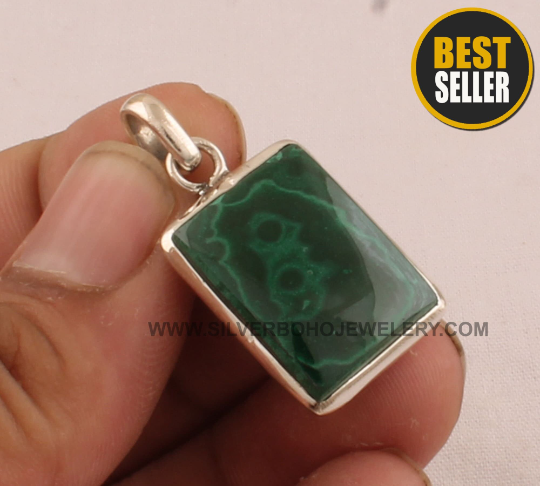 Natural Malachite Solid 925 Sterling Silver Necklace Pendant For Women Solid Silver Rectangle Pendant For Wedding Handmade Malachite Pendant