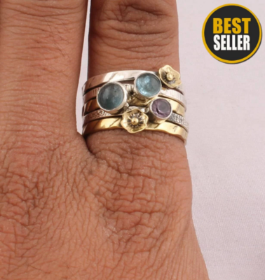 Combo Stone Ring, Solid Sterling Silver Ring For Women, Thumb Ring, Multi Handmade AAA+ Top Quality Gemstone, Gift For Her