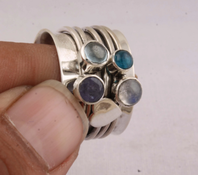 Combo Stone Spinner Ring, Solid Sterling Silver Spinner Ring For Women, Thumb Ring, Multi Handmade AAA+ Top Quality Gemstone, Gift For Her