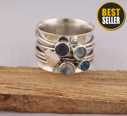 Combo Stone Spinner Ring, Solid Sterling Silver Spinner Ring For Women, Thumb Ring, Multi Handmade AAA+ Top Quality Gemstone, Gift For Her