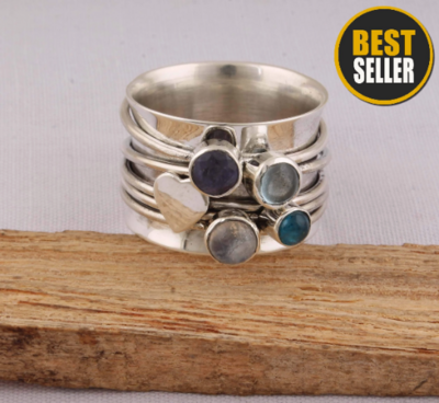 Combo Stone Spinner Ring, Solid Sterling Silver Spinner Ring For Women, Thumb Ring, Multi Handmade AAA+ Top Quality Gemstone, Gift For Her