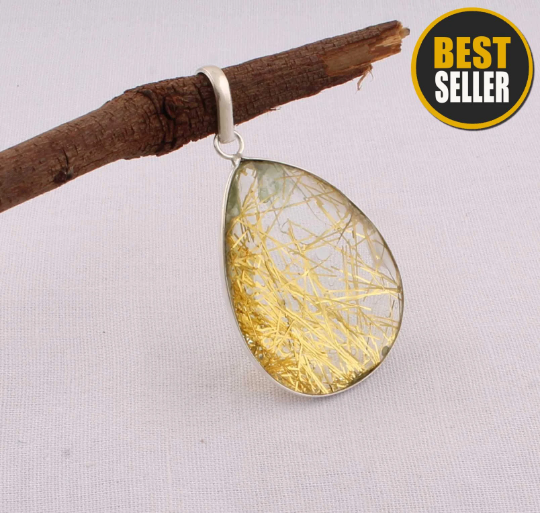 Natural Amazing Golden RutileTop Quality Gemstone Pendant 925-Sterling Silver Pendant,Boho Pendant,Simple Pendant,Wedding Gift Item Pendant