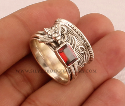 Natural Red Garnet Solid 925 Sterling Silver Spinner Ring For Women - Handmade Honey Bee Ring For Wedding - January Birthstone Anxiety Ring