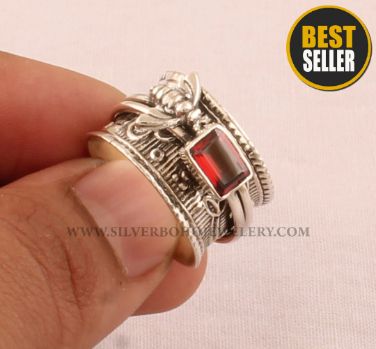 Natural Red Garnet Solid 925 Sterling Silver Spinner Ring For Women - Handmade Honey Bee Ring For Wedding - January Birthstone Anxiety Ring