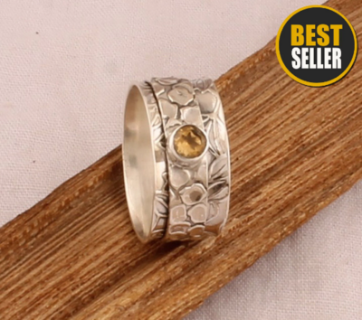 Hand Carved Citrine Silver Spinner Ring - 925 Sterling Silver Ring - Flower &amp; Leaves Spinner Ring - Handmade Ring