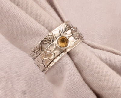 Hand Carved Citrine Silver Spinner Ring - 925 Sterling Silver Ring - Flower &amp; Leaves Spinner Ring - Handmade Ring