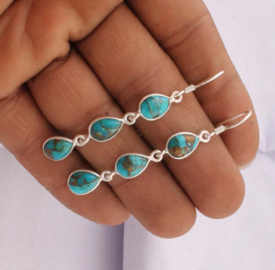 Beautiful Composite Turquoise AAA+Quality Gemstone Earring Three Stone's Boho Earring 925-Antique Silver Earring,925 Sterling Silver Earring