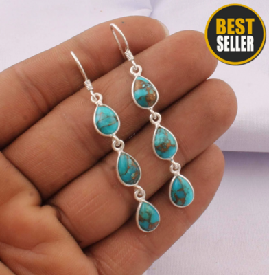 Beautiful Composite Turquoise AAA+Quality Gemstone Earring Three Stone's Boho Earring 925-Antique Silver Earring,925 Sterling Silver Earring
