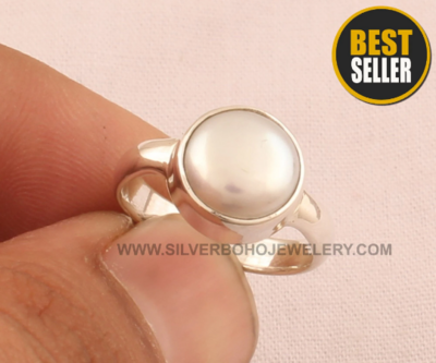White Pearl Round Solid 925 Sterling Silver Ring For Bridesmaid - Handmade Bridal Pearl Gemstone Ring For Engagement Pearl Ring Wedding Gift
