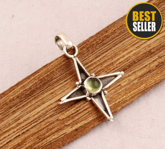 Natural Peridot Pendant - 925 Sterling Silver Pendant - Designer Four Pointed Star Pendant -Handmade Antiqued Silver Jewelry