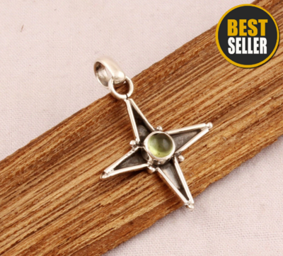 Natural Peridot Pendant - 925 Sterling Silver Pendant - Designer Four Pointed Star Pendant -Handmade Antiqued Silver Jewelry