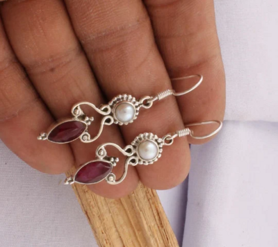 Natural Ruby+Pearl Top Quality Gemstone Earring Faceted Stone Boho Earring 925-Antique Silver Earring,Antique Silver Earring Gift For Her