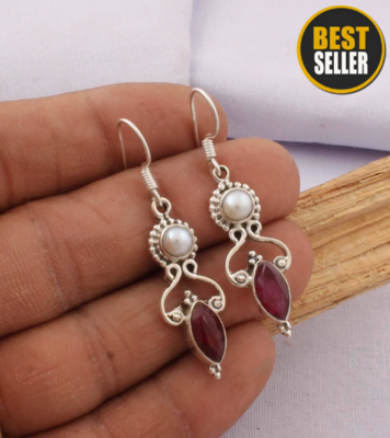 Natural Ruby+Pearl Top Quality Gemstone Earring Faceted Stone Boho Earring 925-Antique Silver Earring,Antique Silver Earring Gift For Her