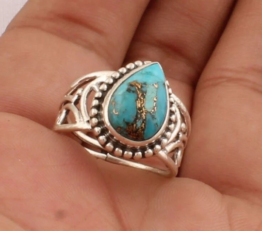 Composite Turquoise AAA+Quality Gemstone Ring Pear Cabochon Stone Boho Ring,Antique Silver Ring,Middle Finger Ring