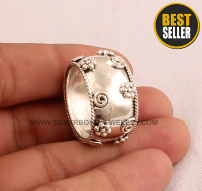 Solid Silver Spiral &amp; Flower Band Ring - 925 Sterling Silver Band Ring - Fancy Band Thumb Ring - Handmade Silver Band Ring - Present For Her