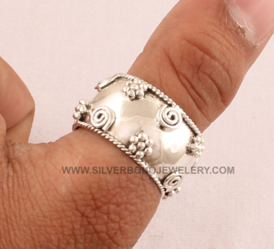 Solid Silver Spiral &amp; Flower Band Ring - 925 Sterling Silver Band Ring - Fancy Band Thumb Ring - Handmade Silver Band Ring - Present For Her