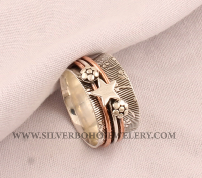 Star Two Tone Textured Spinner Ring / 925 Sterling Silver & Brass Ring / Handmade Carved Leaves Flower Spin Jewelry / Valentine's Day Gift