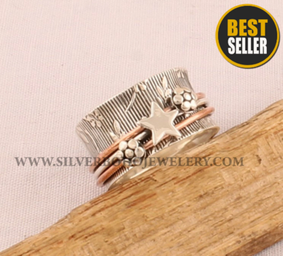 Star Two Tone Textured Spinner Ring / 925 Sterling Silver &amp; Brass Ring / Handmade Carved Leaves Flower Spin Jewelry / Valentine's Day Gift