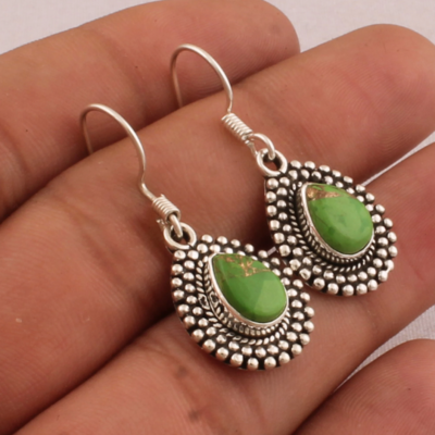 Turquoise Earring 925 Sterling Silver Earring Green Copper Turquoise Earring Pear Bolls Design Earring Composite Earring Mohave Turquoise