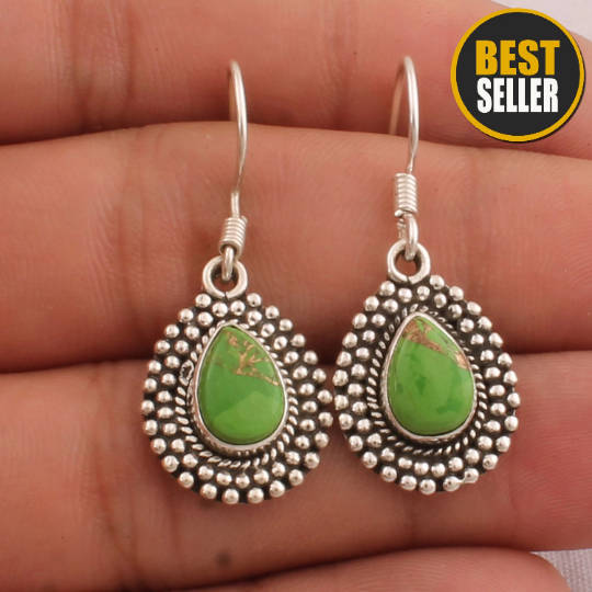 Turquoise Earring 925 Sterling Silver Earring Green Copper Turquoise Earring Pear Bolls Design Earring Composite Earring Mohave Turquoise