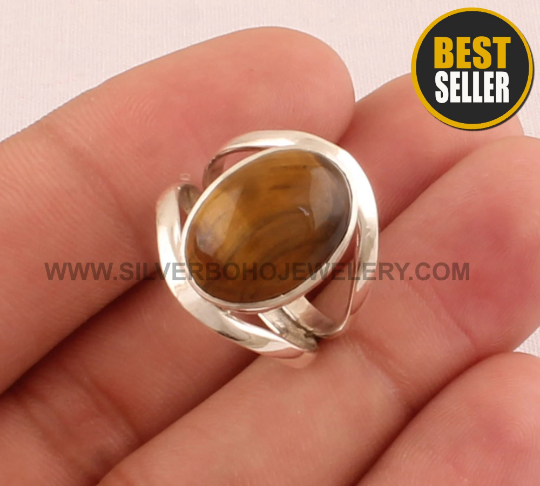 Natural Tiger Eye Ring - Solid 925 Sterling Silver Ring - Designer Double Band Ring - Engagement Oval Shape Ring - Handmade Ring For Women