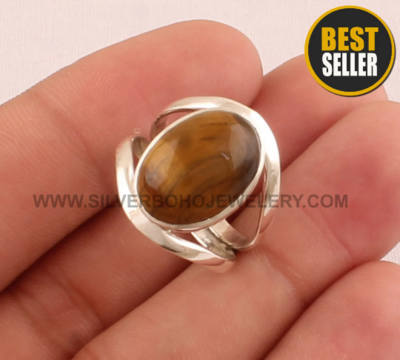 Natural Tiger Eye Ring - Solid 925 Sterling Silver Ring - Designer Double Band Ring - Engagement Oval Shape Ring - Handmade Ring For Women