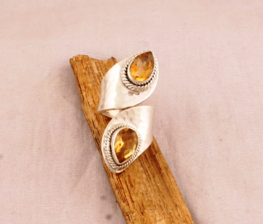 Natural Citrine Adjustable Silver Ring 925 Sterling Silver Hammered Ring Handmade Two Gemstone Ring November Birthstone Gift Women Jewelry