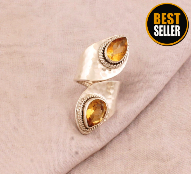 Natural Citrine Adjustable Silver Ring 925 Sterling Silver Hammered Ring Handmade Two Gemstone Ring November Birthstone Gift Women Jewelry