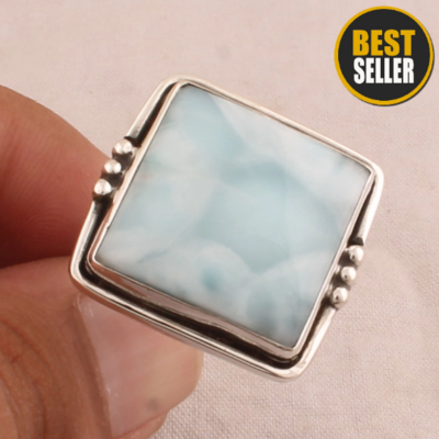 Boho Larimar AAA+Quality Gemstone Ring 925-Antique Silver Ring,Milddle Finger Ring, Gift For Her Square Ring,Sterling Silver Ring