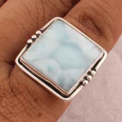 Boho Larimar AAA+Quality Gemstone Ring 925-Antique Silver Ring,Milddle Finger Ring, Gift For Her Square Ring,Sterling Silver Ring