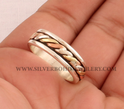Braided Spinner Ring / 925 Sterling Silver &amp; Brass Ring / Designer Handmade Three Tone Meditation Ring / Worry Ring / Valentine 's Day Gift