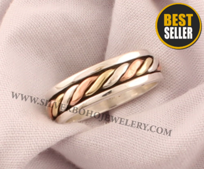 Braided Spinner Ring / 925 Sterling Silver &amp; Brass Ring / Designer Handmade Three Tone Meditation Ring / Worry Ring / Valentine 's Day Gift